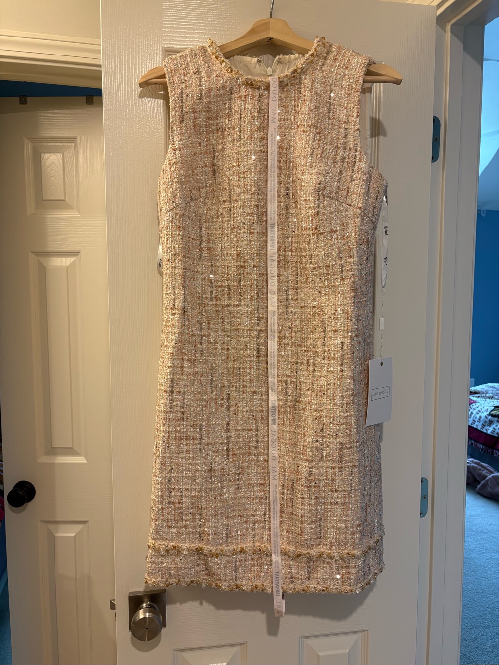 Mac Duggal Beige And Gold Tweed Shift Dress